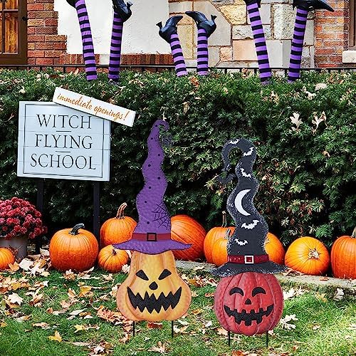 YEAHOME Halloween Decorations Outdoor, Set of 2 Pumpkin Garden Stakes with Witch Hats for Halloween Decor, Jack o' Lantern Metal Pumpkin Yard Signs for Outside Garden Lawn Patio Party Decorations