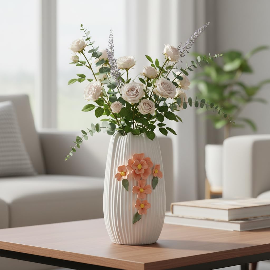 Modern Boho Ceramic Vases Home Decor / White and Orange / 9 Inch