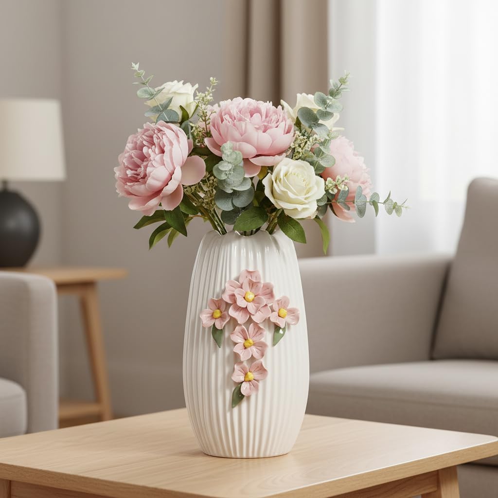 Ceramic Flower Vase / White and Pink / 9 Inch