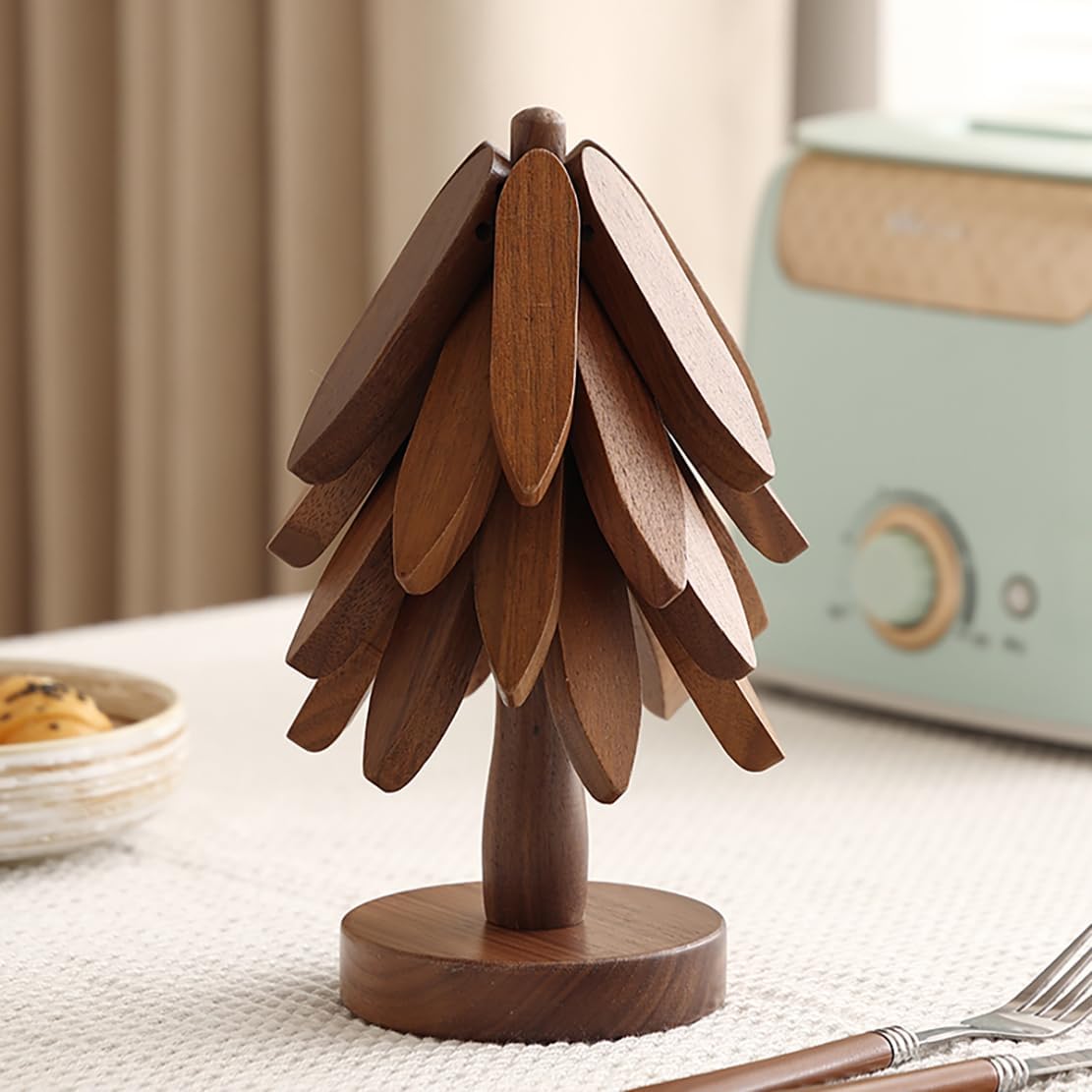 4 Wooden Trivets+1 Stand / Walnut Wood / Natural