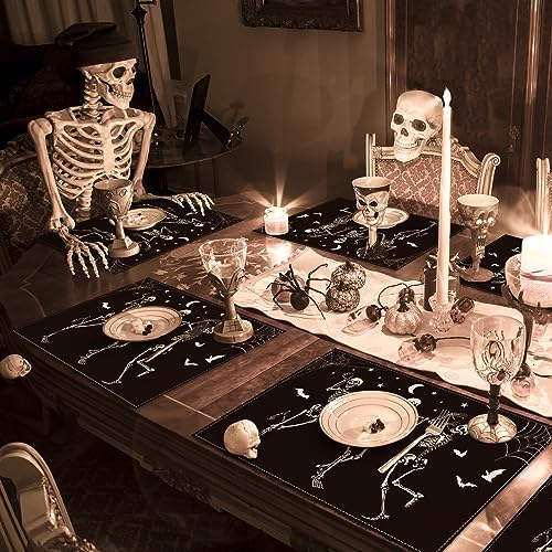 AnyDesign Halloween Dancing Skeletons Placemat - Table Mat Set of 4, Black & White Patterns, Non-Slip & Heat Resistant, 12 x 18 Inch