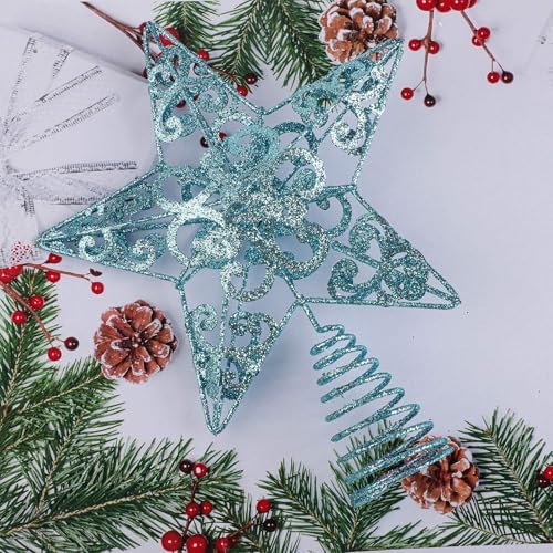 Aneco 10 Inches Christmas Treetop Star Metal Glittered Christmas Tree Topper Xmas Tree Decoration Topper for Christmas Holiday Home Office School Mall Decor, Blue
