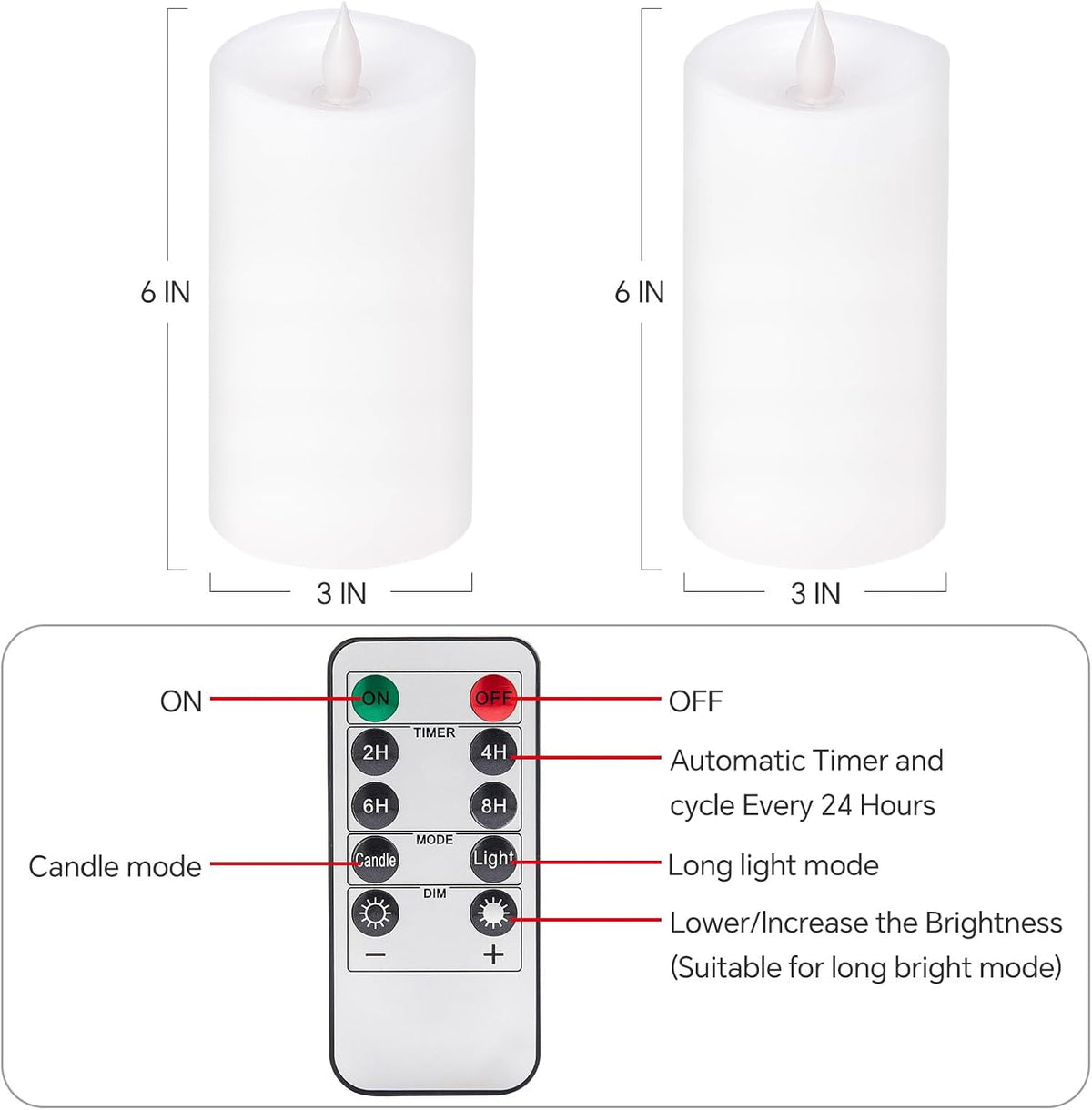 2PCS, 3 x 6 inches Flameless Candle with Remote Control, 3D Flickering Wick, Real Wax, Battery Candles,with