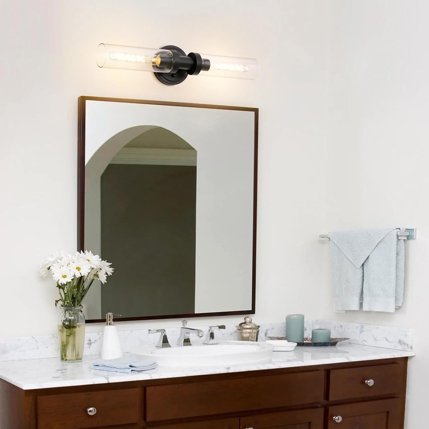 Black Sconces Wall Lighting, Bathroom 2-Light Vanity Light W/Clear Glass Shade, Modern Wall Mounted Lights for Mirror