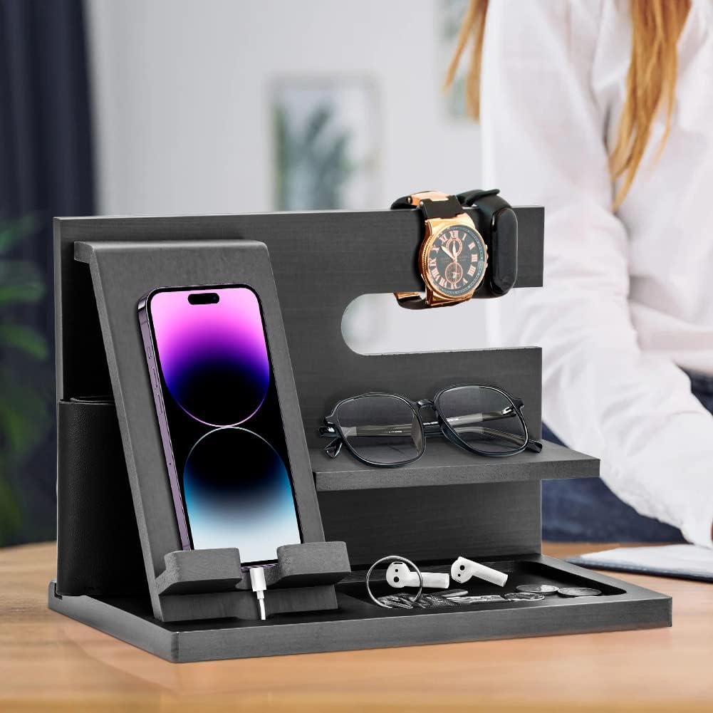 Wood Phone Docking Station - Gifts for Men Desk or Nightstand Organizer - Birthday Gifts for Husband, Fathers Day for