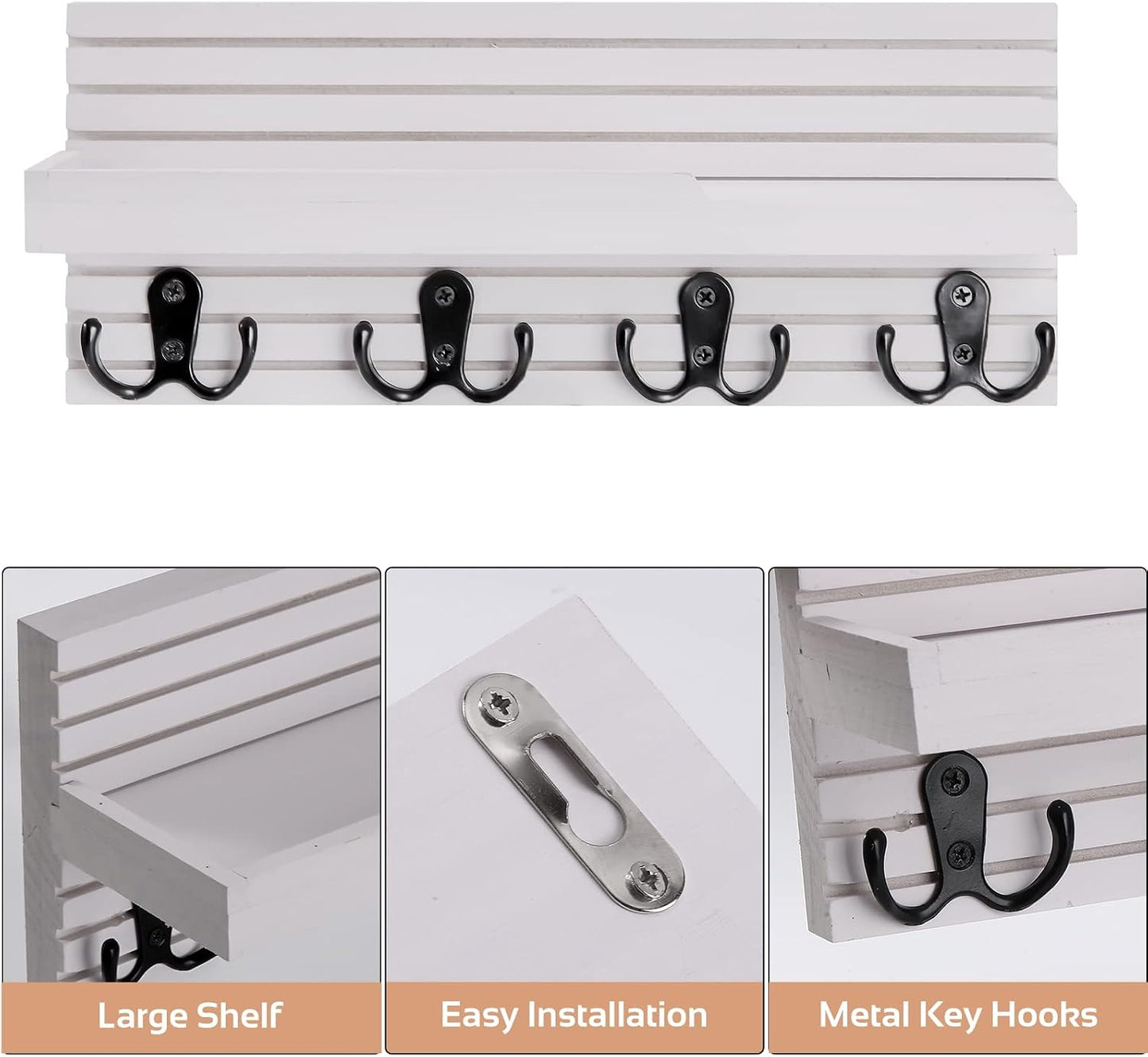 Easy Install Natural Wooden Key and Mail Holder / White