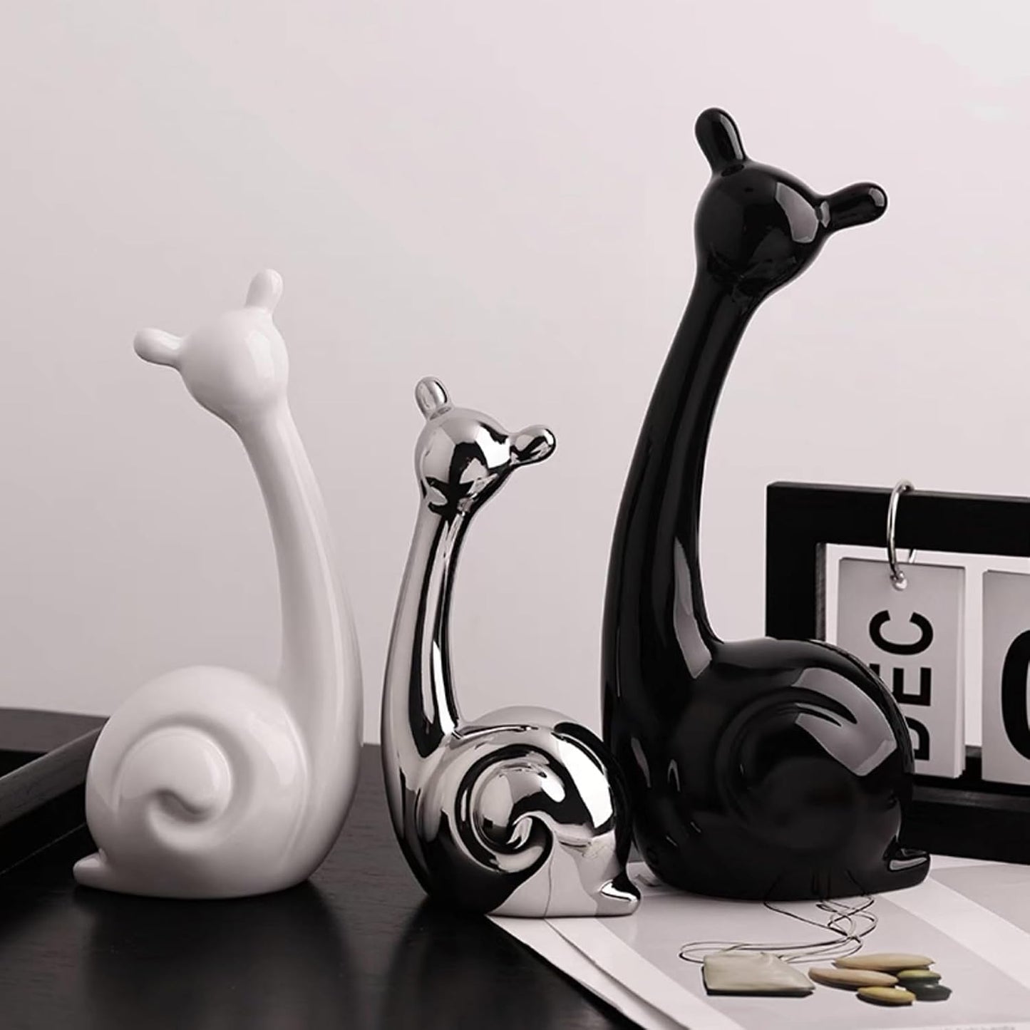 Modern Ceramic Statue Snail Home Decorations / Black, White and Bright Silver / 12 x 7 x 25