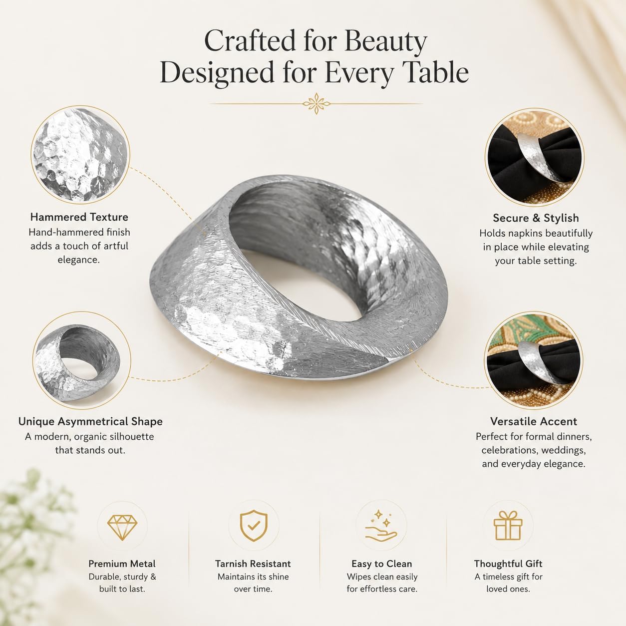 Alpha Living Home Silver Napkin Rings Set of 12, Metal Art Deco | Hammered metal, hand-hammered silver finish, 3x2x0.5