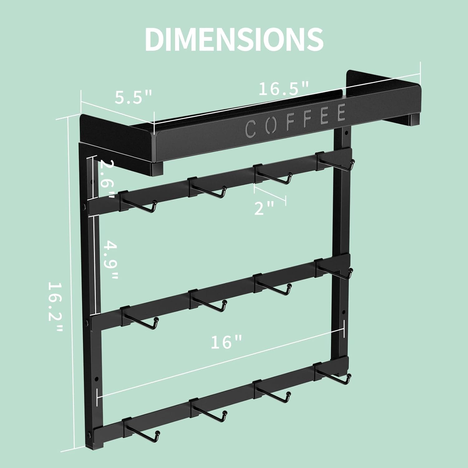 Coffee Mug Holder Wall Mounted with 12 Movable Hooks | Sturdy Metal Coffee Cup Holder with Large Top Shelf for Mug