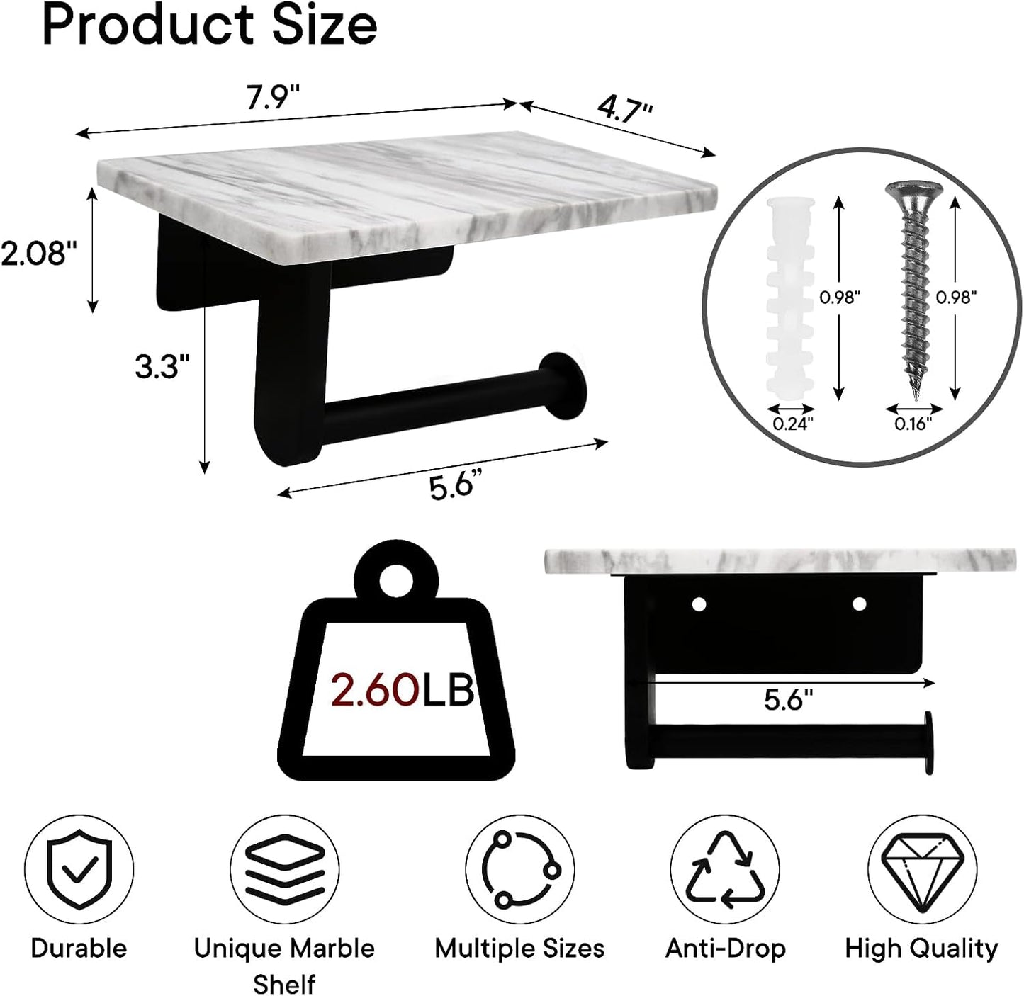 Toilet Paper Holder with Natural Marble Shelf for Bathroom Washroom,Wall Mounted Tissue Holder Suitable for Mega