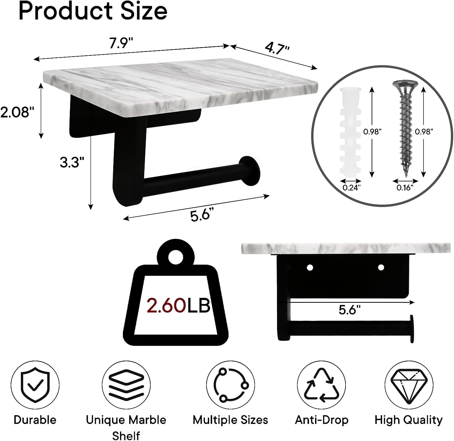 Toilet Paper Holder with Natural Marble Shelf for Bathroom Washroom,Wall Mounted Tissue Holder Suitable for Mega