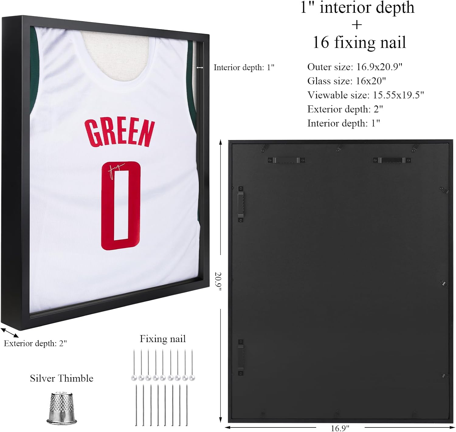 1DOT2 16x20 Jersey Frame Display Case Large Shadow Box, Black | Grade A Natural Pine Wood, HD Acrylic Front, Metal