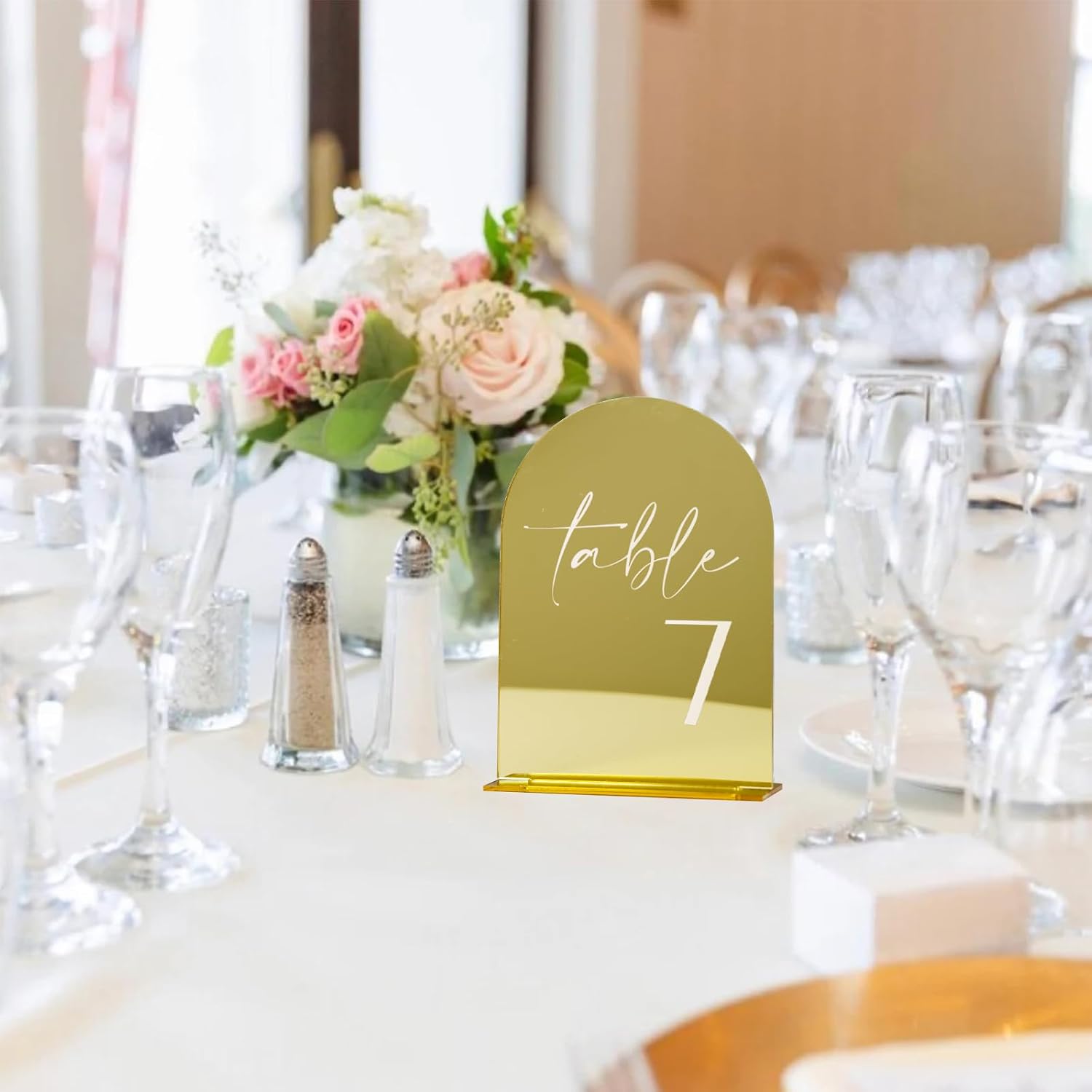 HOODO Gold Mirror Acrylic Wedding Table Numbers 1-30 with Stands, 5"x7" Arched Acrylic Place Cards and Holders, Gold