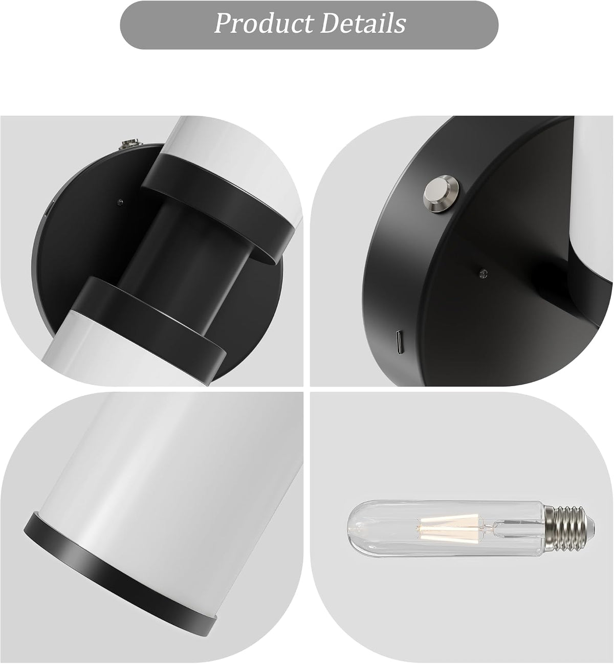 Rayogale Black Rechargeable Battery Operated Wall Sconces with Remote | White Glass Wireless Wall Lights Set of 2 with