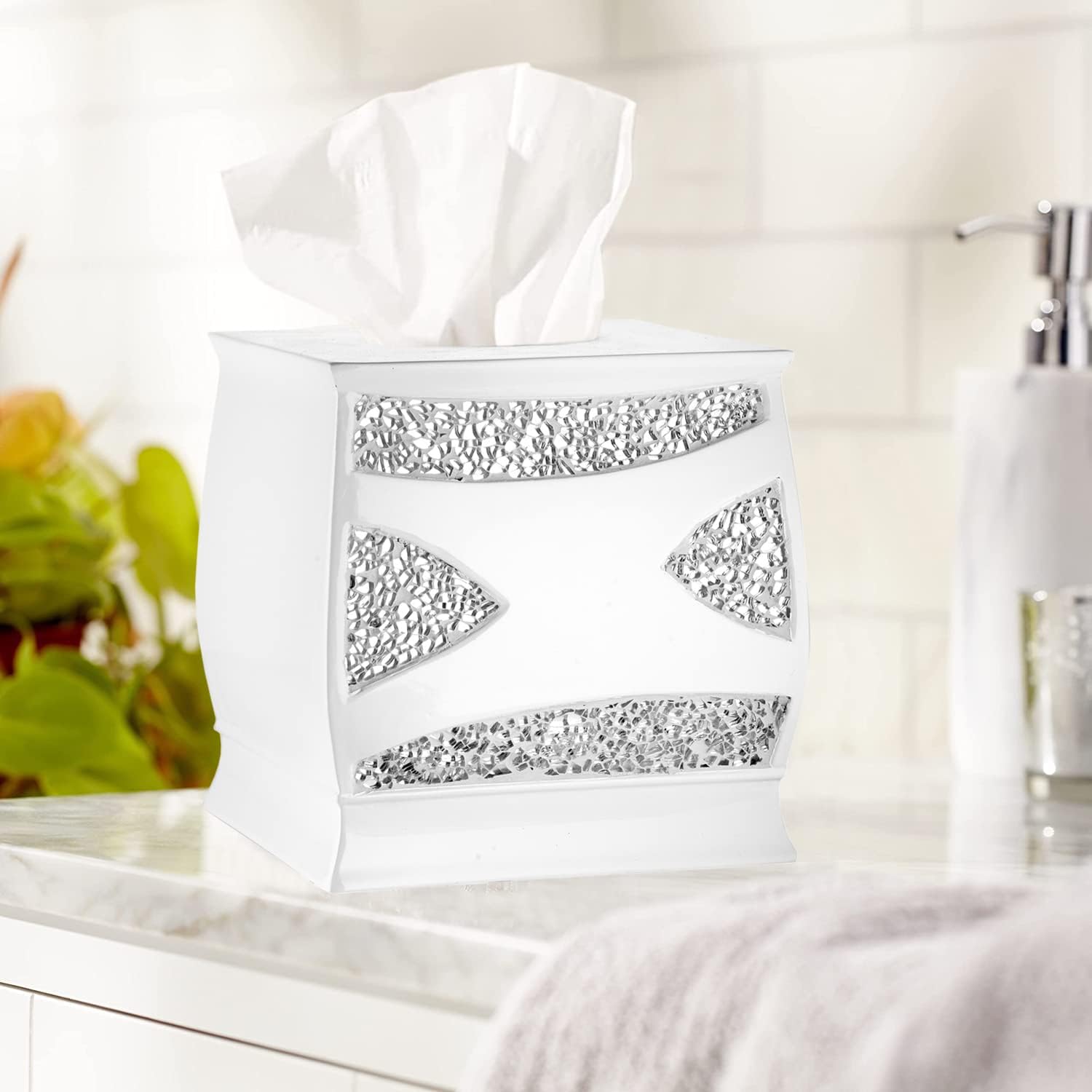 Zahari Home 2pc Sinatra White Modern Bath Accessories Set Waste Basket & Tissue Box Modern Decorative Beautiful Designs