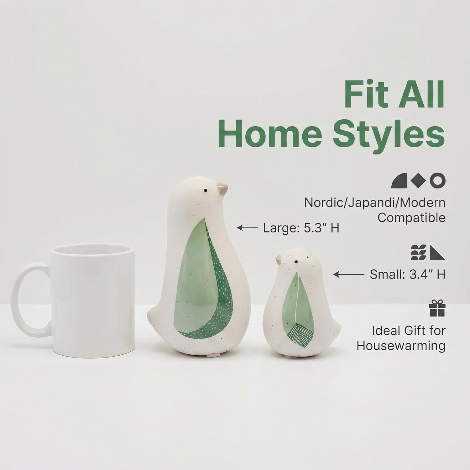 Modern Farmhouse Leaf Bird Statues Decorations / Green / Set of 2