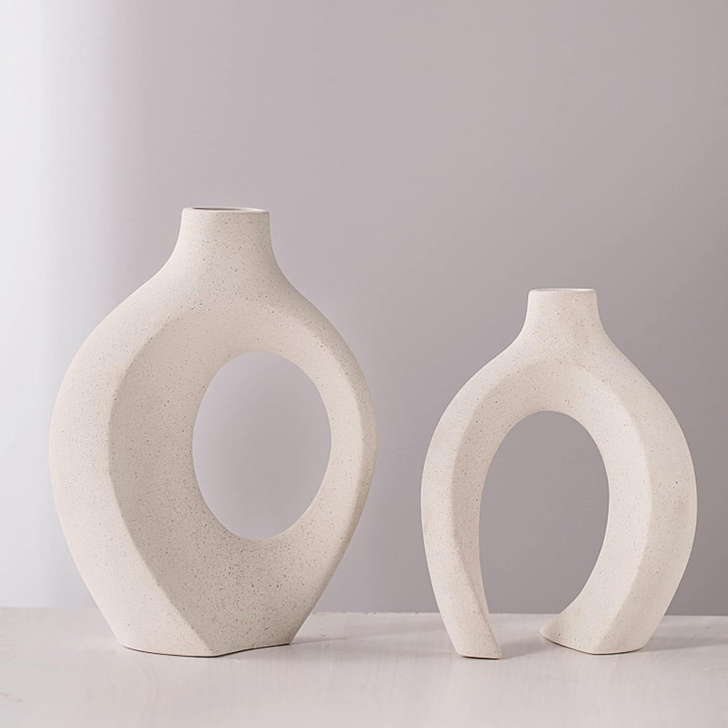 Hollow Ceramic Vase / Off White - Round Hollow / Set of 2