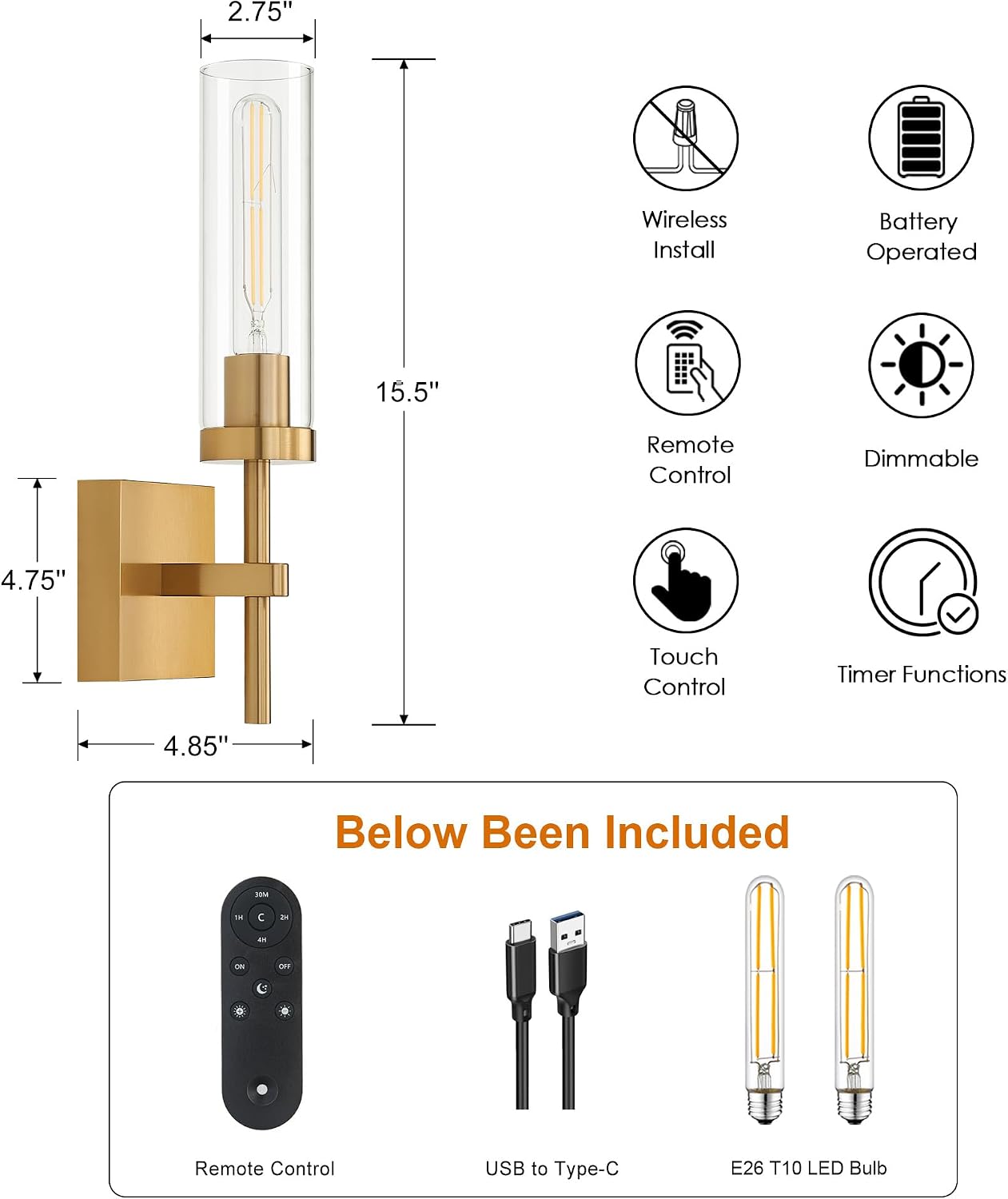 Gold Battery Operated Wall Sconce Set of 2, Wireless Wall Sconces with Remote Control, Rechargeable LED Dimmable Wall