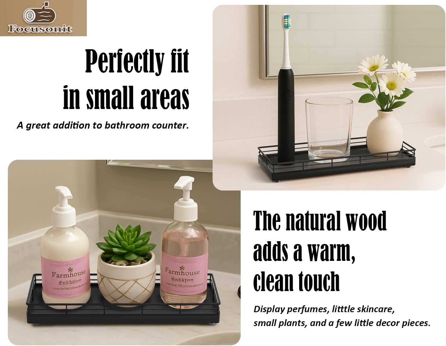 Oak Wood 11" L Small Vanity Tray for Dresser Tops Perfume Jewelry Makeup / Black / 11 x 4.3 x 1.5