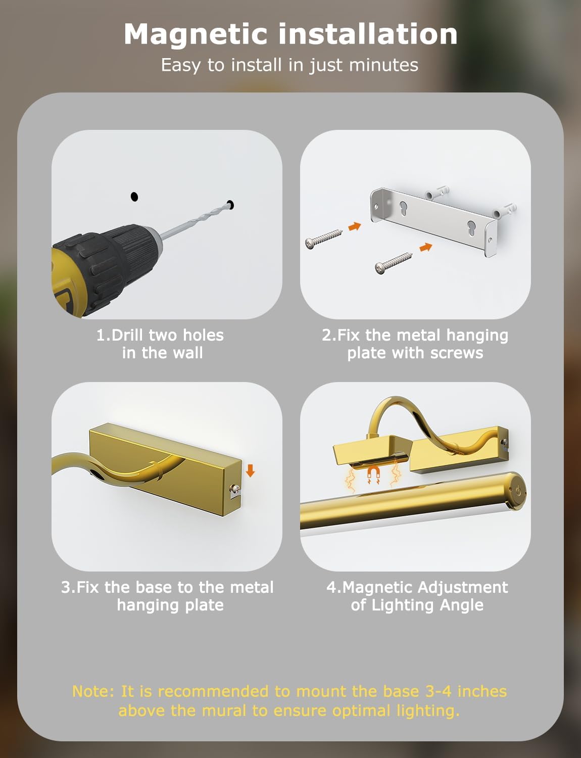 13" Wireless Picture Lights for Wall, Rechargeable Art Light, 1Pack Gold | Aluminum Photo Frame Light, Remote & Touch