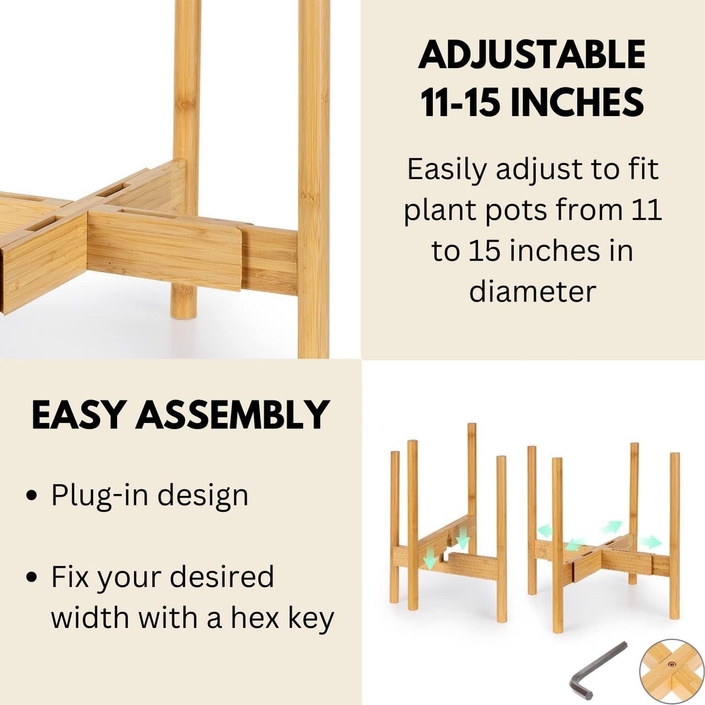 Fox & Fern Large Adjustable Plant Stand Indoor, Bamboo Stand, 11 - 15 Inch | Plug In Design, Holds 200 lbs, Two