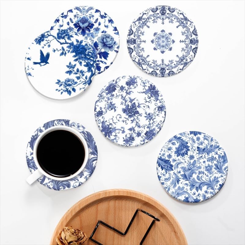 Holder / Bule and Coasters Cork Bases Ceramic Coasters / 4in/10cm / Color-2 / White / Set of 6