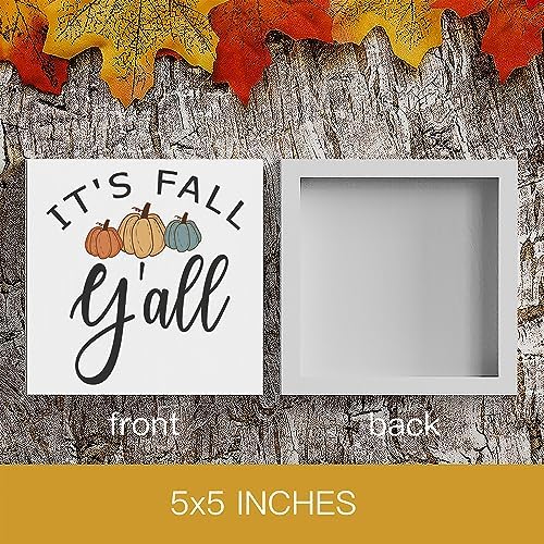 HTBIG Fall Wooden Box Sign Desk Decor, 5.1 X 5.1 Inch Pumpkin Autumn Wood Sign for Tiered Tray Decor for Home Living Room Harvest Day Thanksgiving Tabletop Decor-It's Fall Y'all 2
