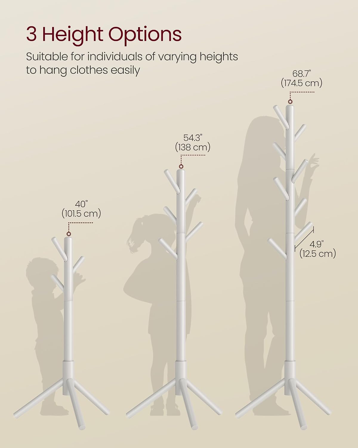 VASAGLE Solid Wood Coat Rack, Free Standing, Tree-Shaped, with 8 Hooks | Coat Tree，3 Height Options, for Clothes, Hats
