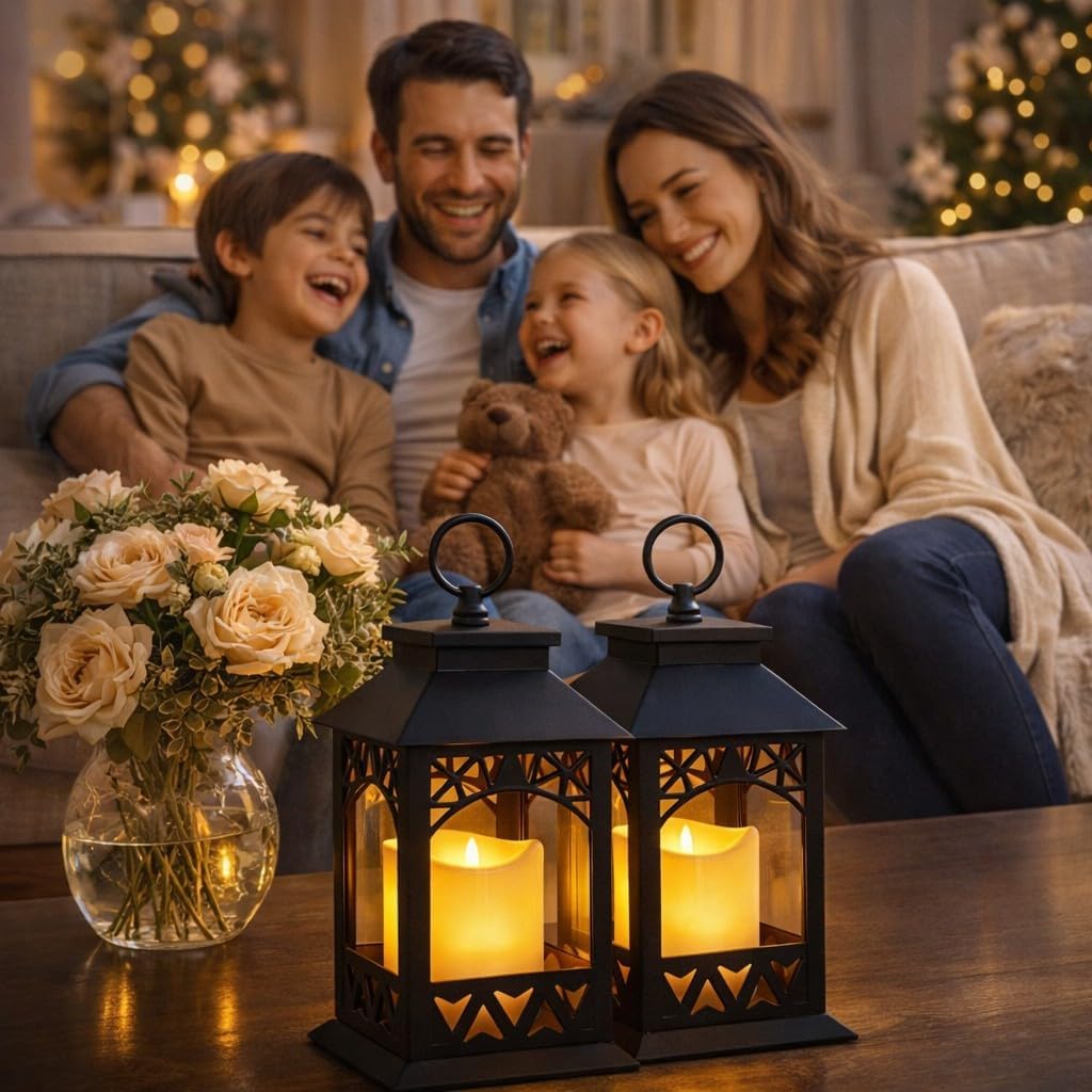 Black LED Lantern Set of 2 with Lattice Design & Pillar Candles – Lighted Decorative Lanterns with 4 Hour Timer –