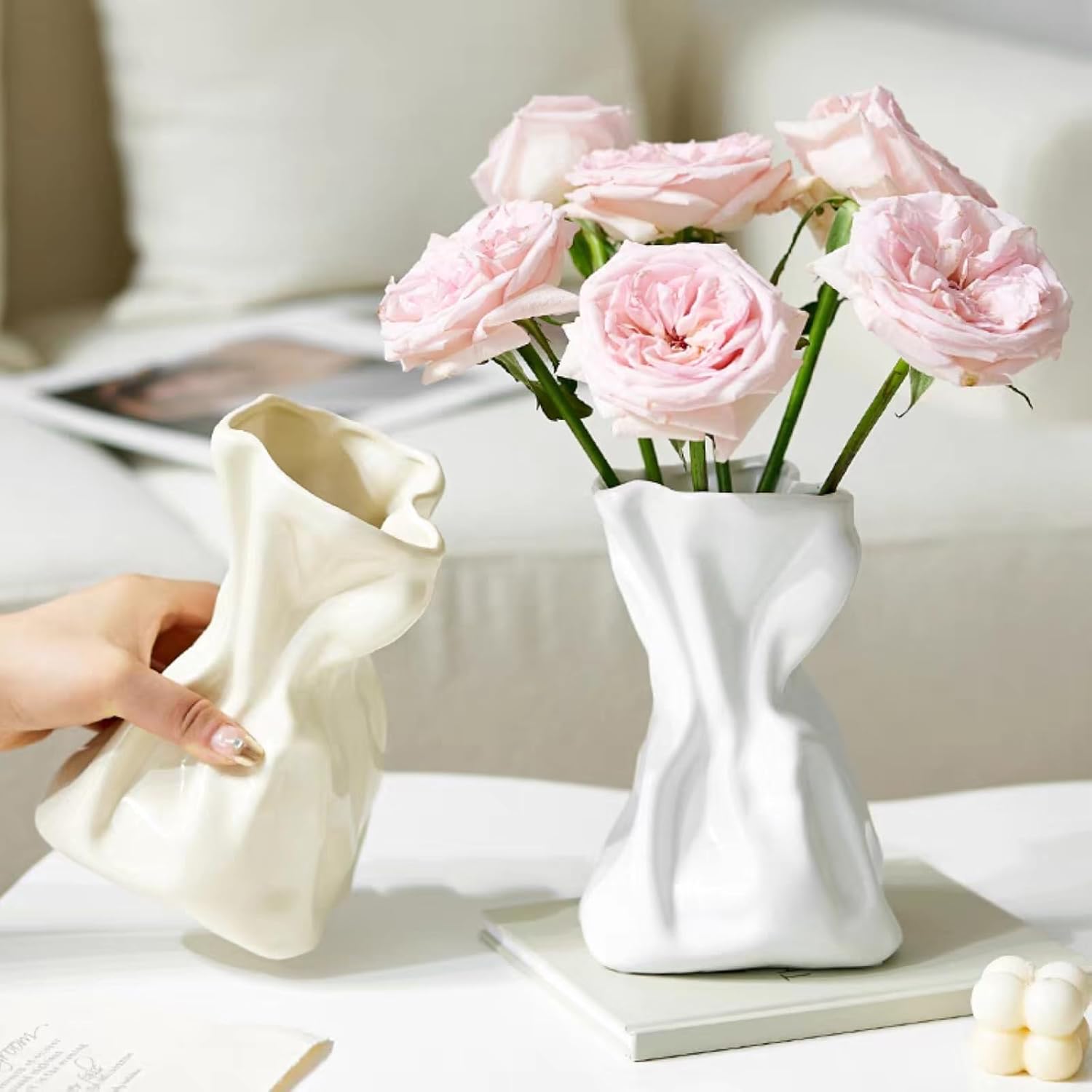Irregular Flower Vase Modern Art Decorative Vase for Flowers / Cream Ceramic / Small / 6 Inch