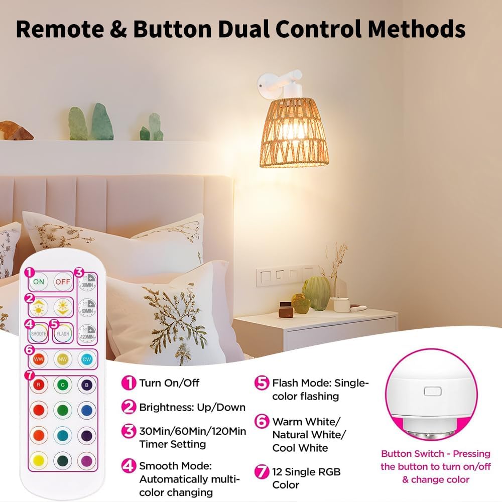 Battery Operated Wall Sconce Set of 2, Boho USB Rechargeable Wall lamp, White Farmhouse Rattan Sconce Lighting with