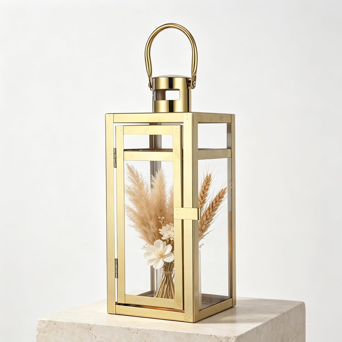 TRIROCKS Stainless Steel Decorative Lantern 12'' High Metal Candle Holder Outdoor Candle Lantern with Tempered Glass