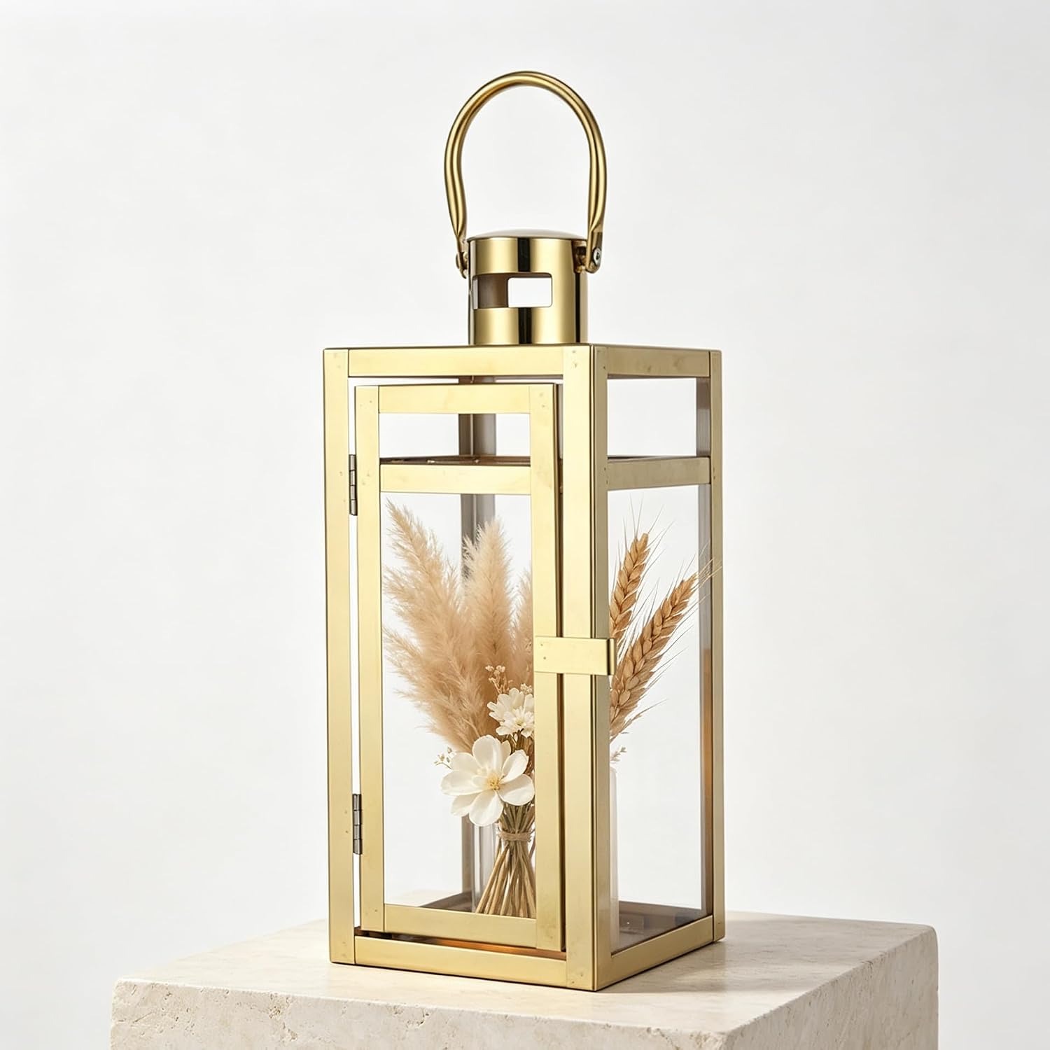 TRIROCKS Stainless Steel Decorative Lantern 12'' High Metal Candle Holder Outdoor Candle Lantern with Tempered Glass