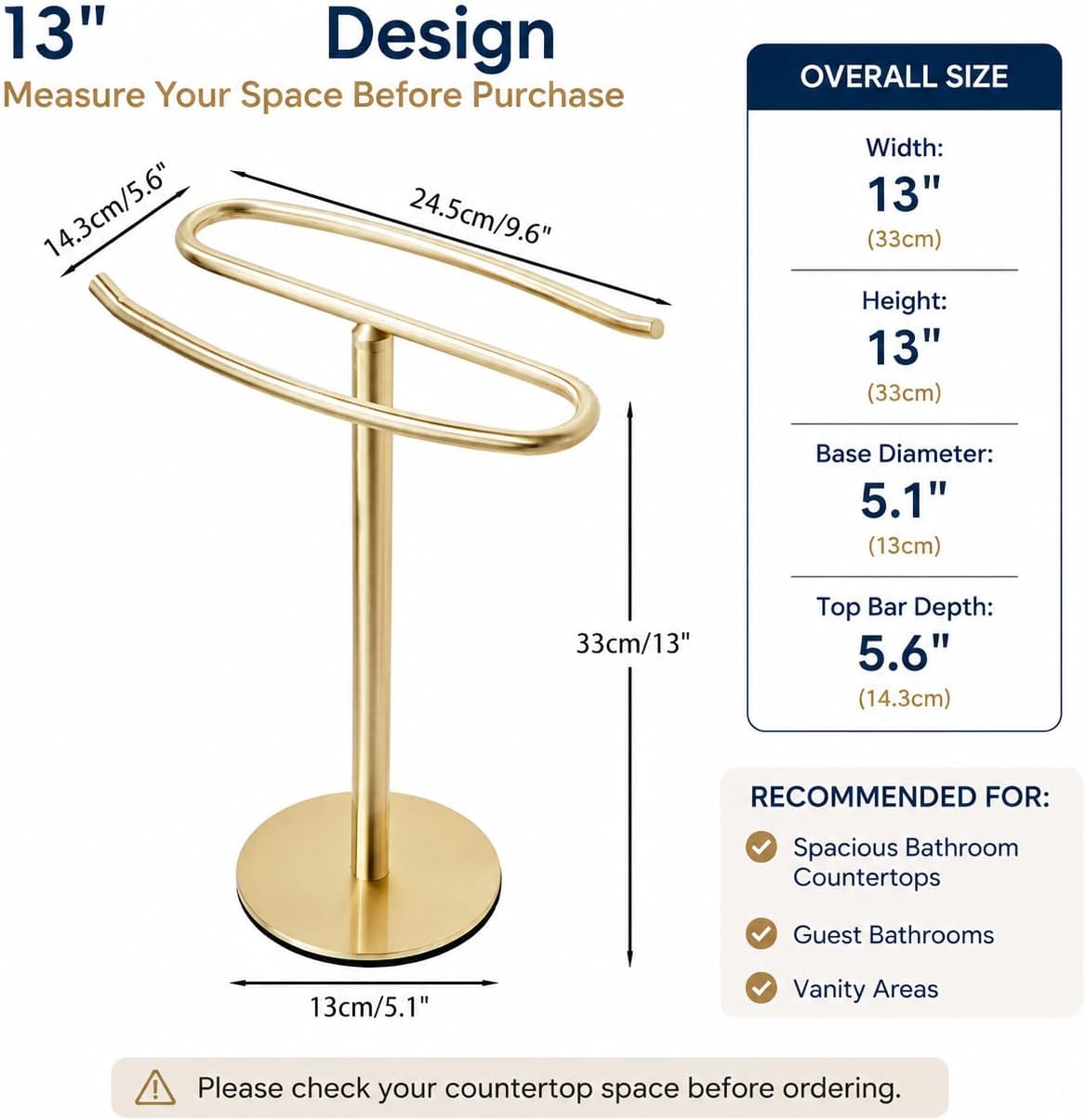 Light Brushed Gold Hand Towel Holder Stand, 13-Inch Tall Freestanding Towel Rack with Weighted Base, SUS304 Stainless