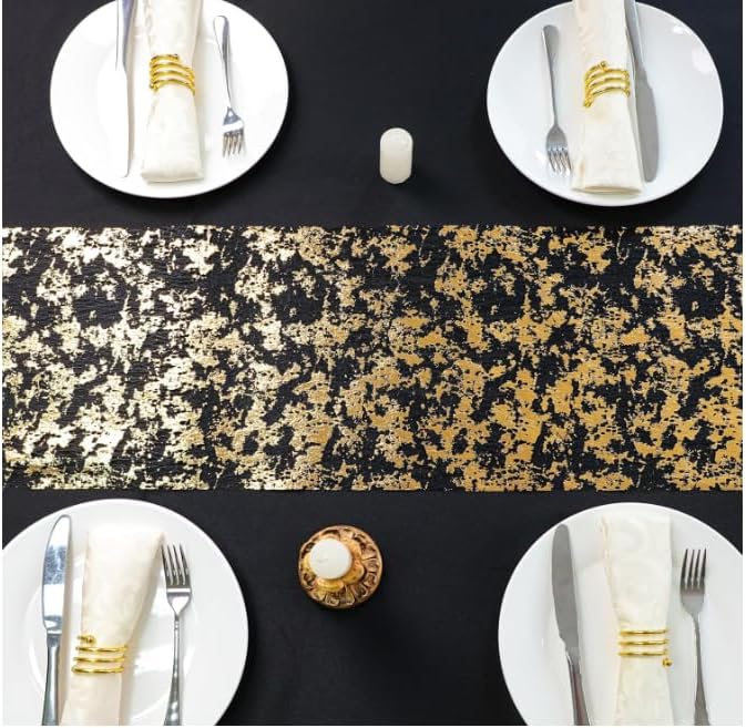 2 Pcs Black and Gold Table Runner, Glitter Metallic Foil Mesh Roll 108"