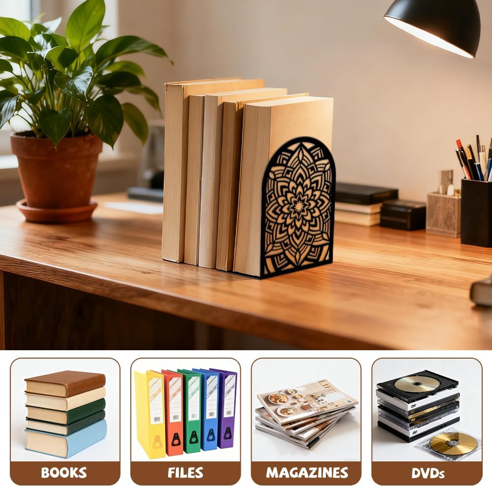 Metal Bookends / Modern Decorative Heavy Duty Study Book Ends Stoppers / Mandala Pattern
