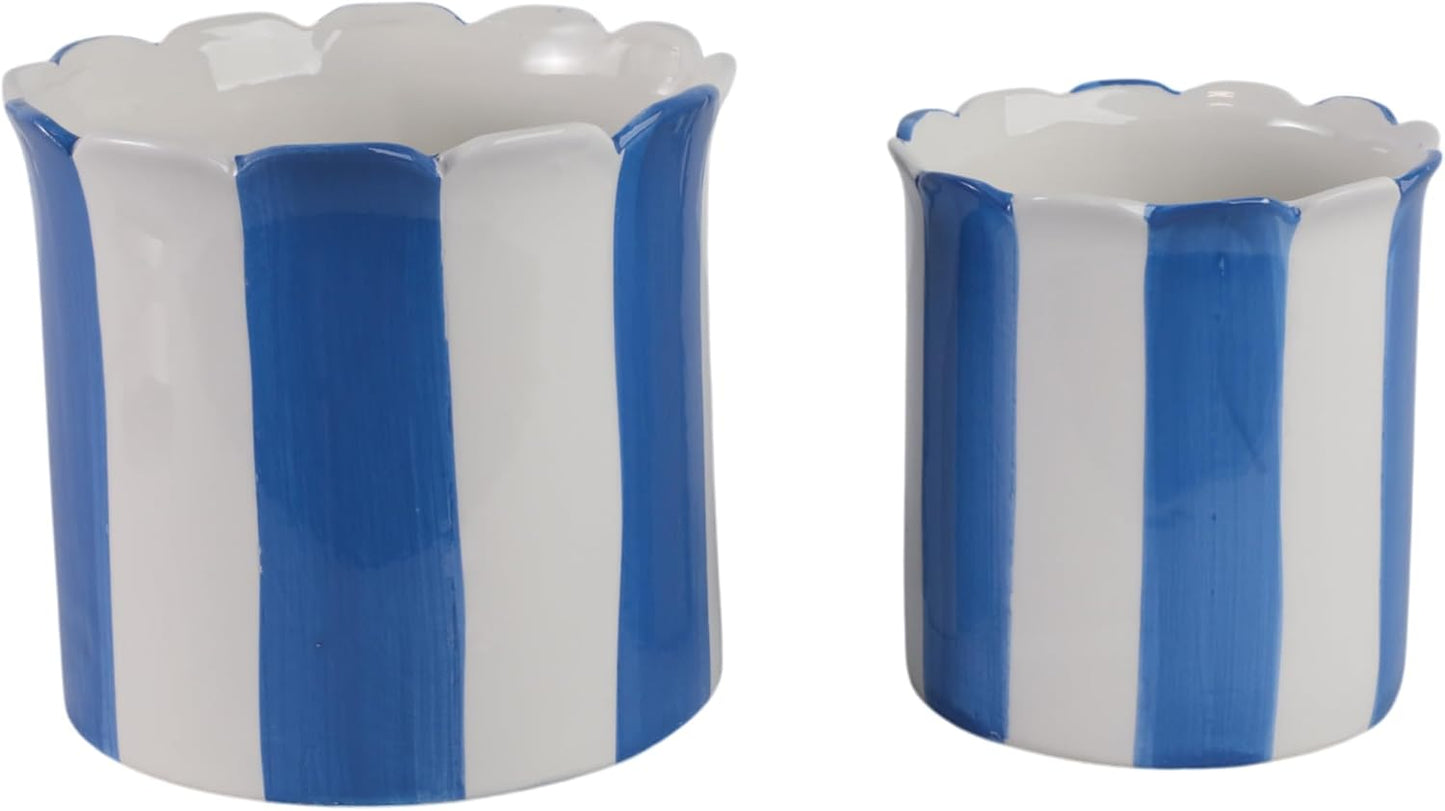 Flower Pots / Decorative Striped Scallop Edge Planters Accent / 7 Inches / Blue
