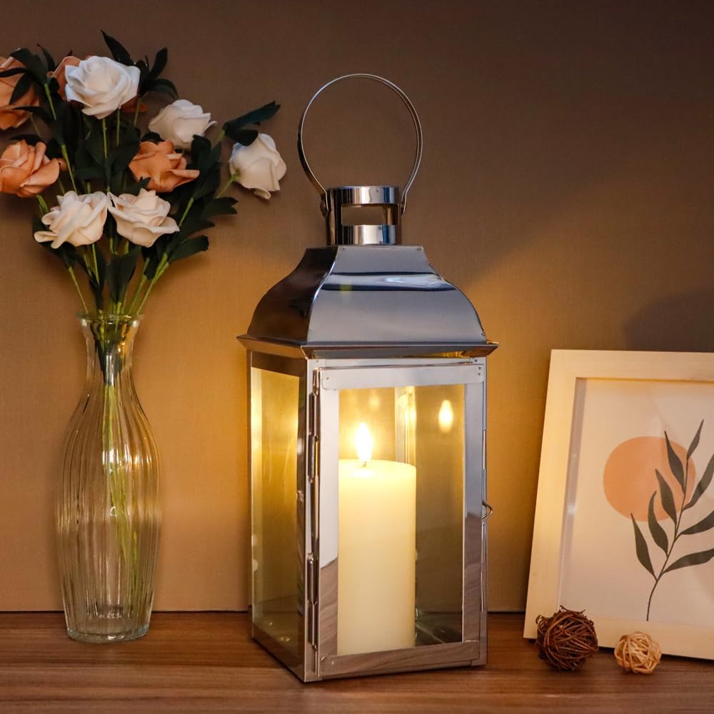 JHY DESIGN Silver Decorative Lanterns 12.5''High Stainless Steel Candle Lanterns with Tempered Glass for Indoor Outdoor
