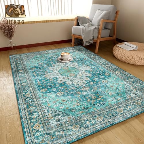 Washable Area Rug 4' x 6' Vintage Traditional Persian Mat - Foldable Distressed Non-Slip Machine Washable Carpet for