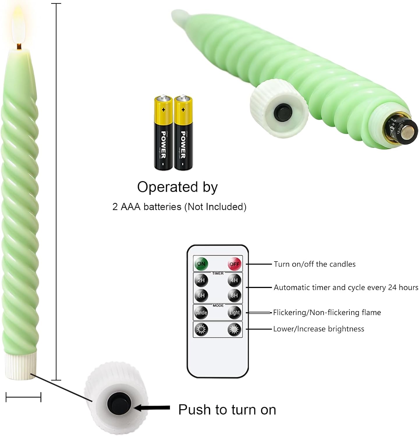 Green Flameless Taper Candles Flickering with Remote Timer | LED Spiral Taper Candles, Flameless Candlesticks, Battery