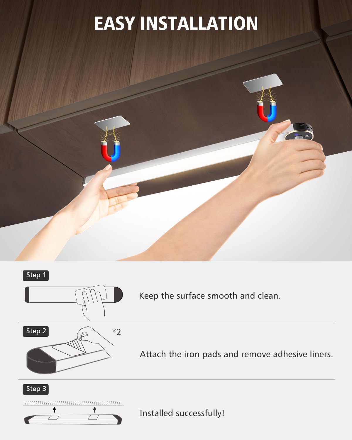Motion Sensor Under Cabinet Lighting, 3-Color Dimmable, 84 LED 15 Inch Wireless Closet Lighting, Rechargeable 3200mAh