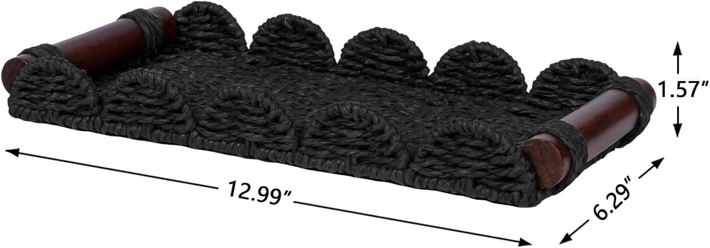 Scalloped Decorative Tray w/Wood Handle for Counter / Black / 13 x 6.3 x 1.6