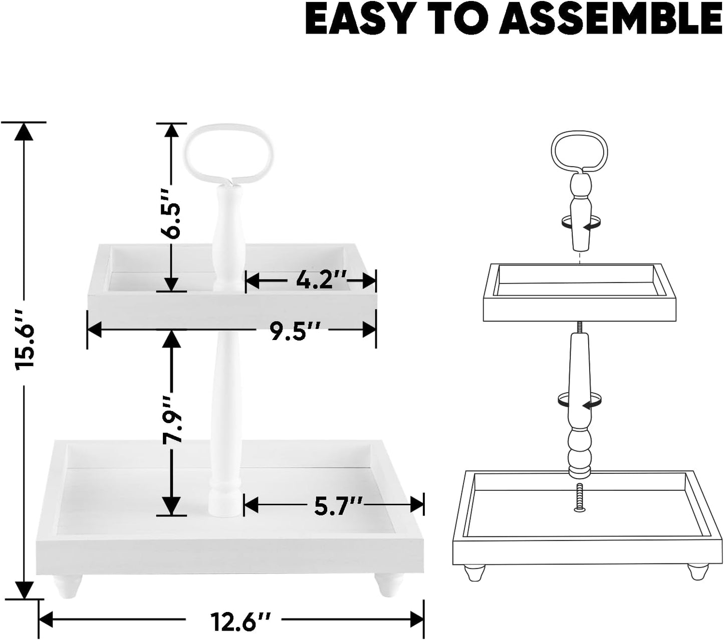 Rustic Wooden 2 Tier Decorative Tray / 12.6 x 12.6 x 16 / White