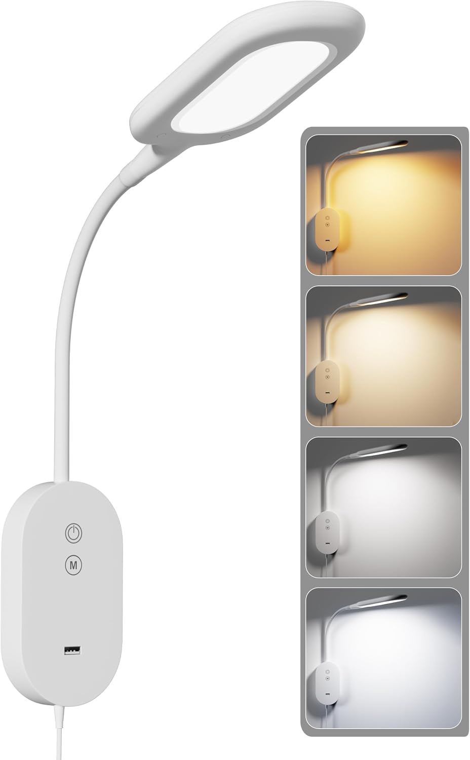 Wall Mounted Reading Light, Book Lights for Reading in Bed with CRI 95+ for Eye Care, 4 Color 5 Dimmable, 2A USB