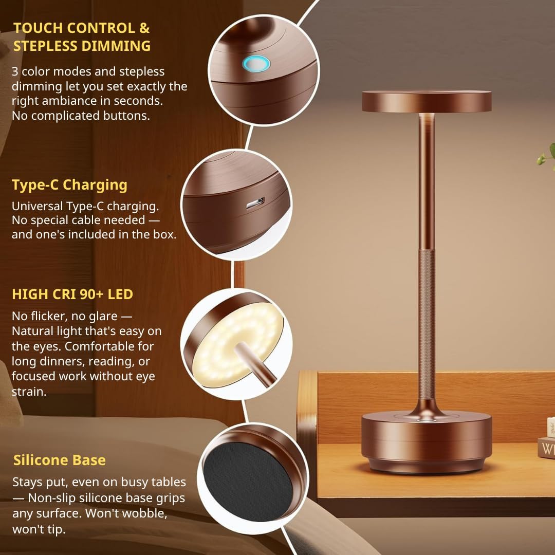 Rechargeable Cordless Table Lamp with 5000mAh Battery IP54 Waterproof LED | Set of 2 Coffee with Touch 3-Color Stepless