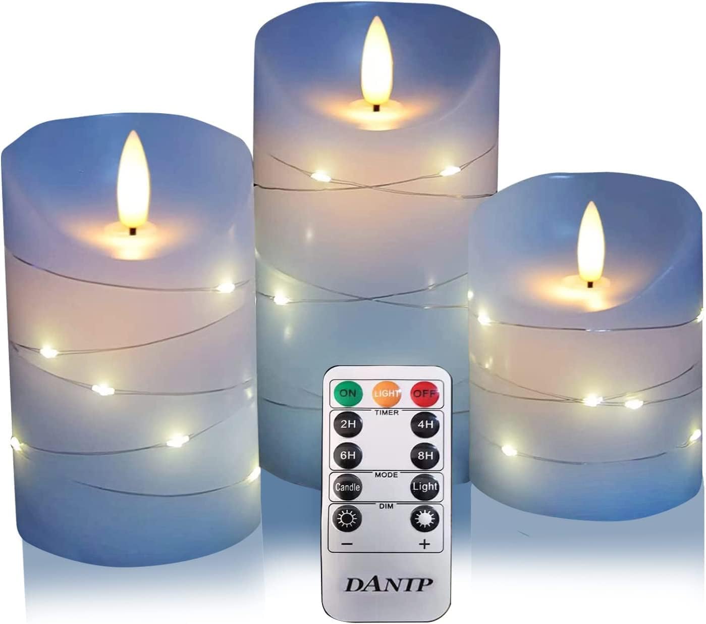 danip Sky Blue LED Flameless Candle, with Embedded Star String, 3-Piece Set of LED Candles, with 11 Button Remote