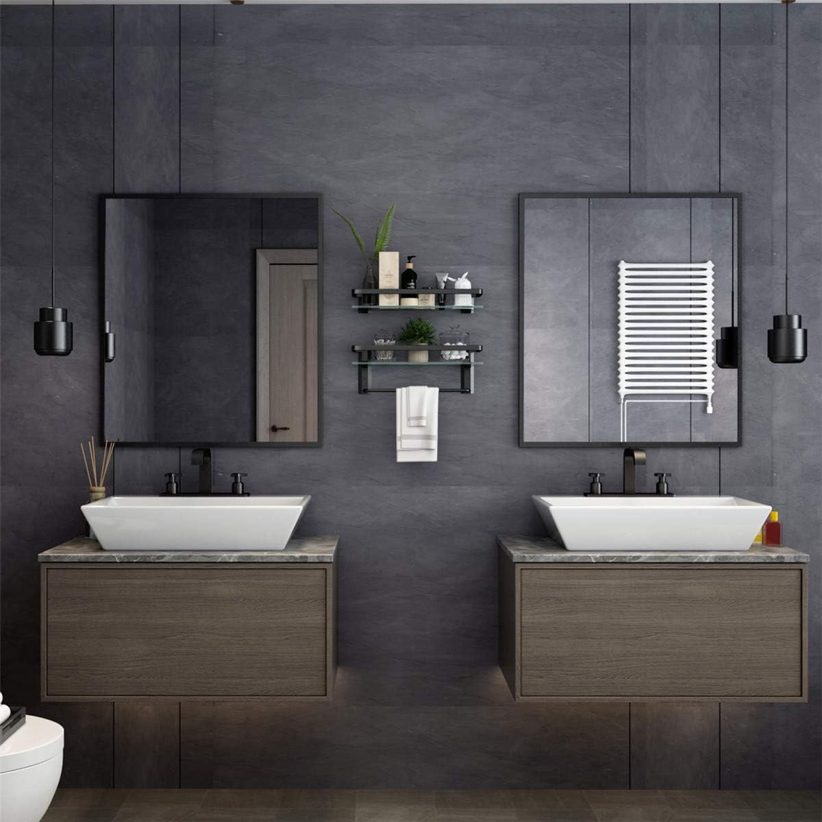 Glass Bathroom Shelf with Towel Bar 15.7in Bathroom Wall Shelves Rustproof Metal Bathroom Wall Organizer 2-Tier (Black)