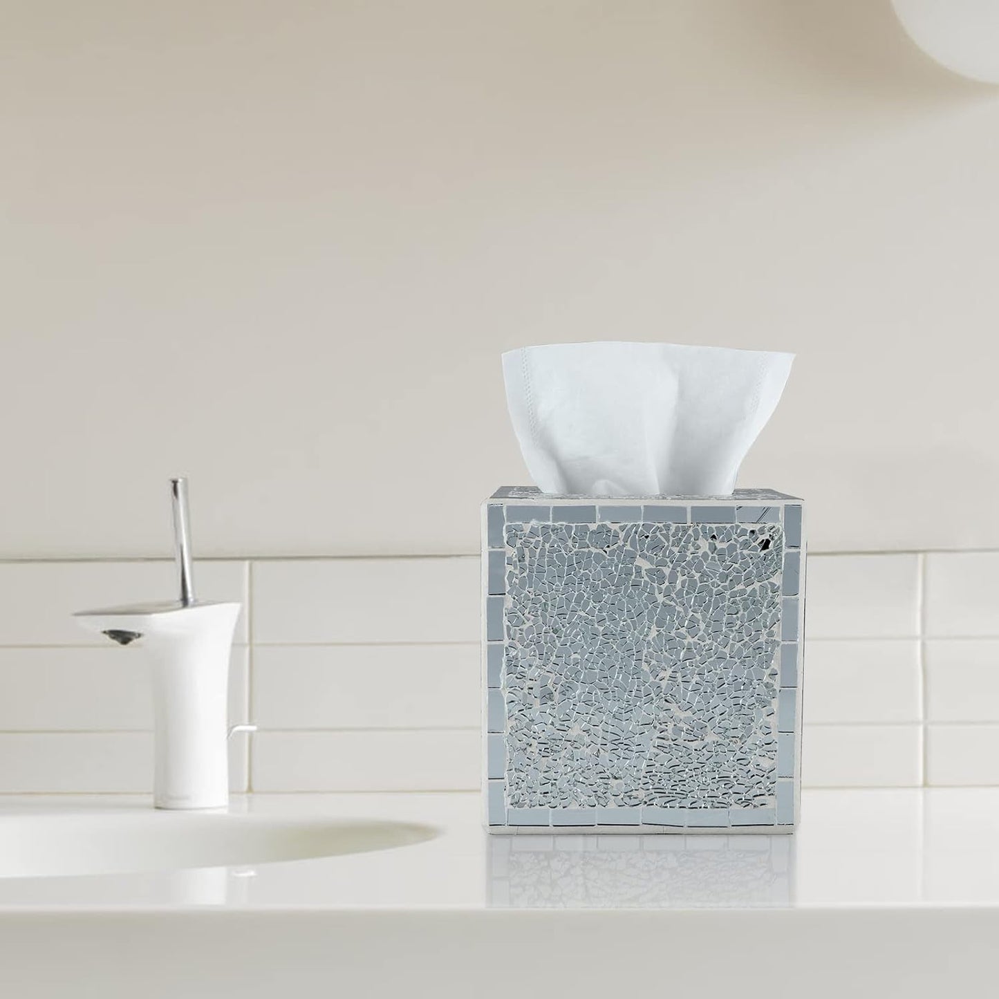 Mosaic Glass Tissue Box Holder / Silver