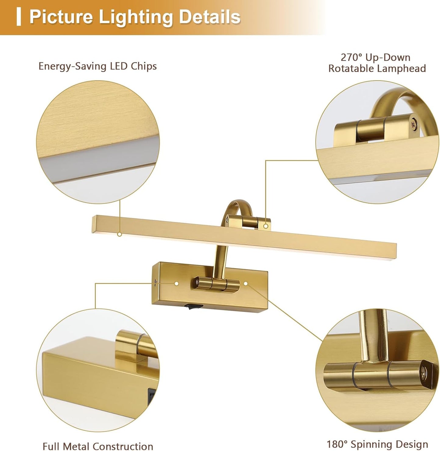 DESOOP Picture Lights for Wall Battery Operated, Brass Art Lighting for Paintings with Remote and Timer, Wireless