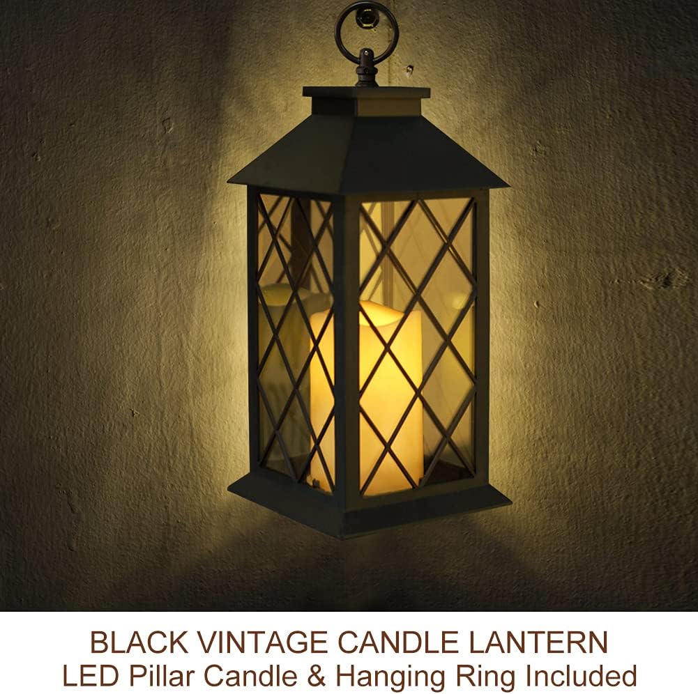 13.5" Black Vintage Candle Lantern with LED Pillar Candle and Timer - IP44 Waterproof Porch Light - Tabletop Lantern